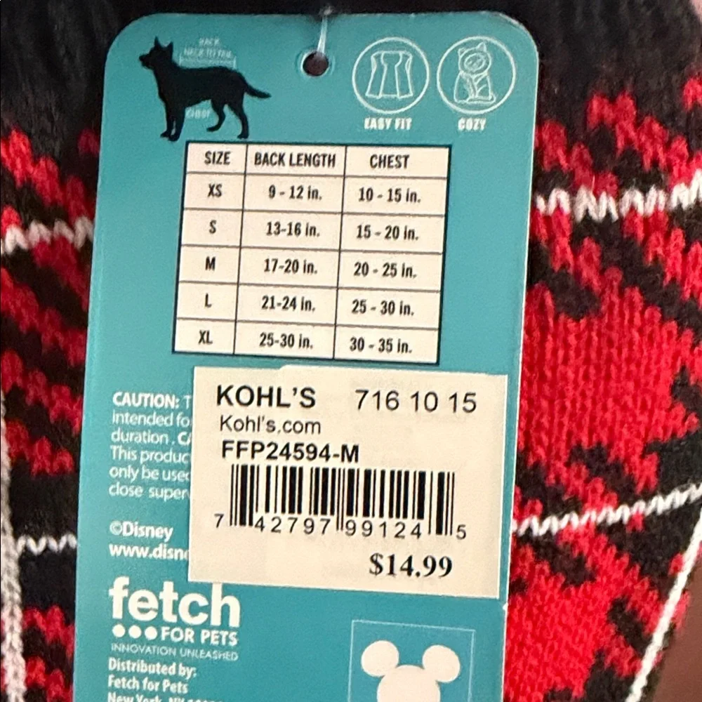 3/$15 NWT Disney Mickey Mouse Holiday Dog Sweater - Red Plaid Size Medium